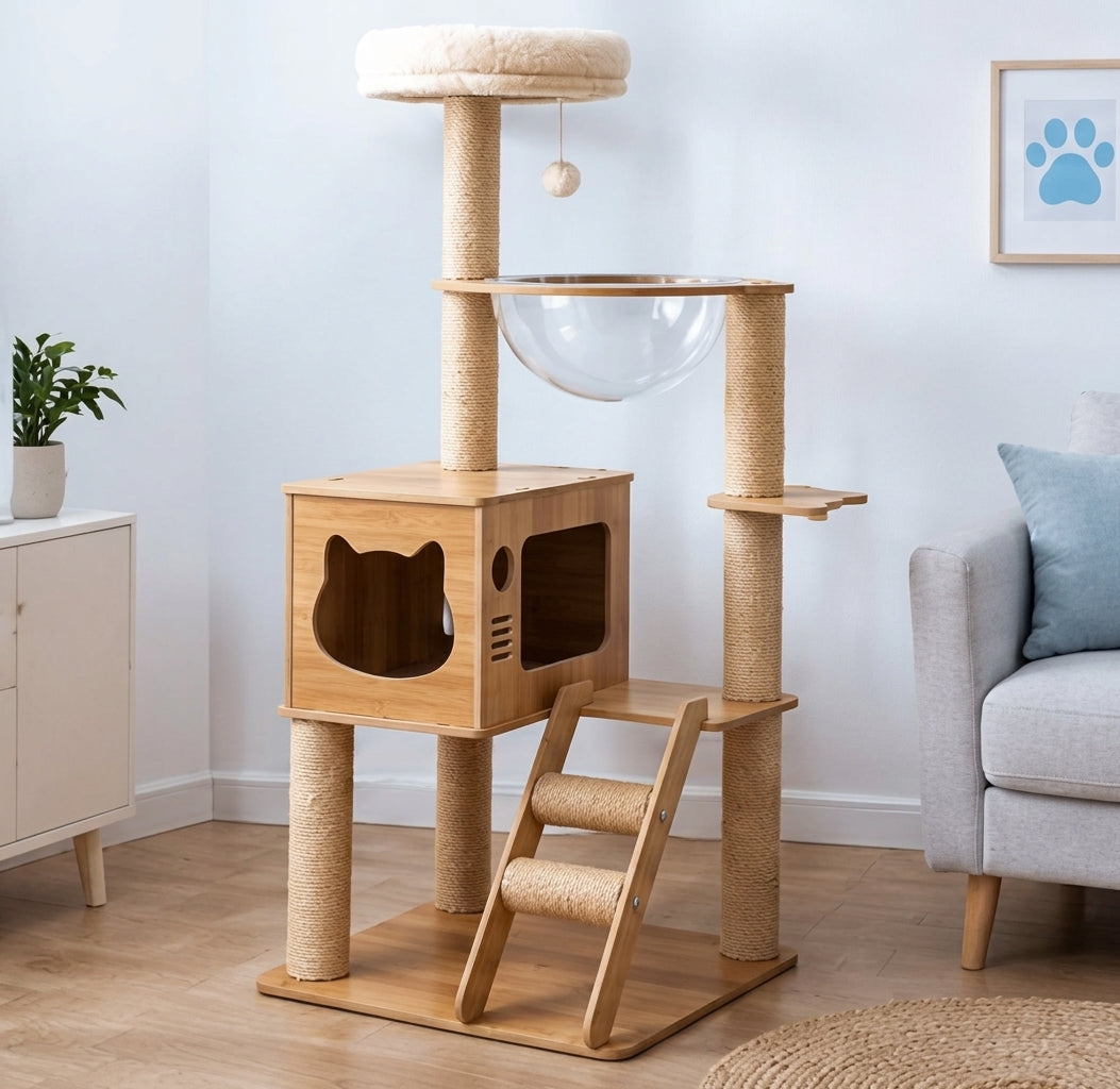 Arbre à chat en bois naturel avec hamac